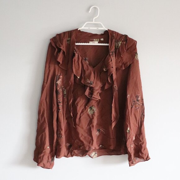 Aritzia Little Moon Womens Brown Lrg Ruffled V-Neck Cinched Sheer Floral Blouse - Picture 1 of 12
